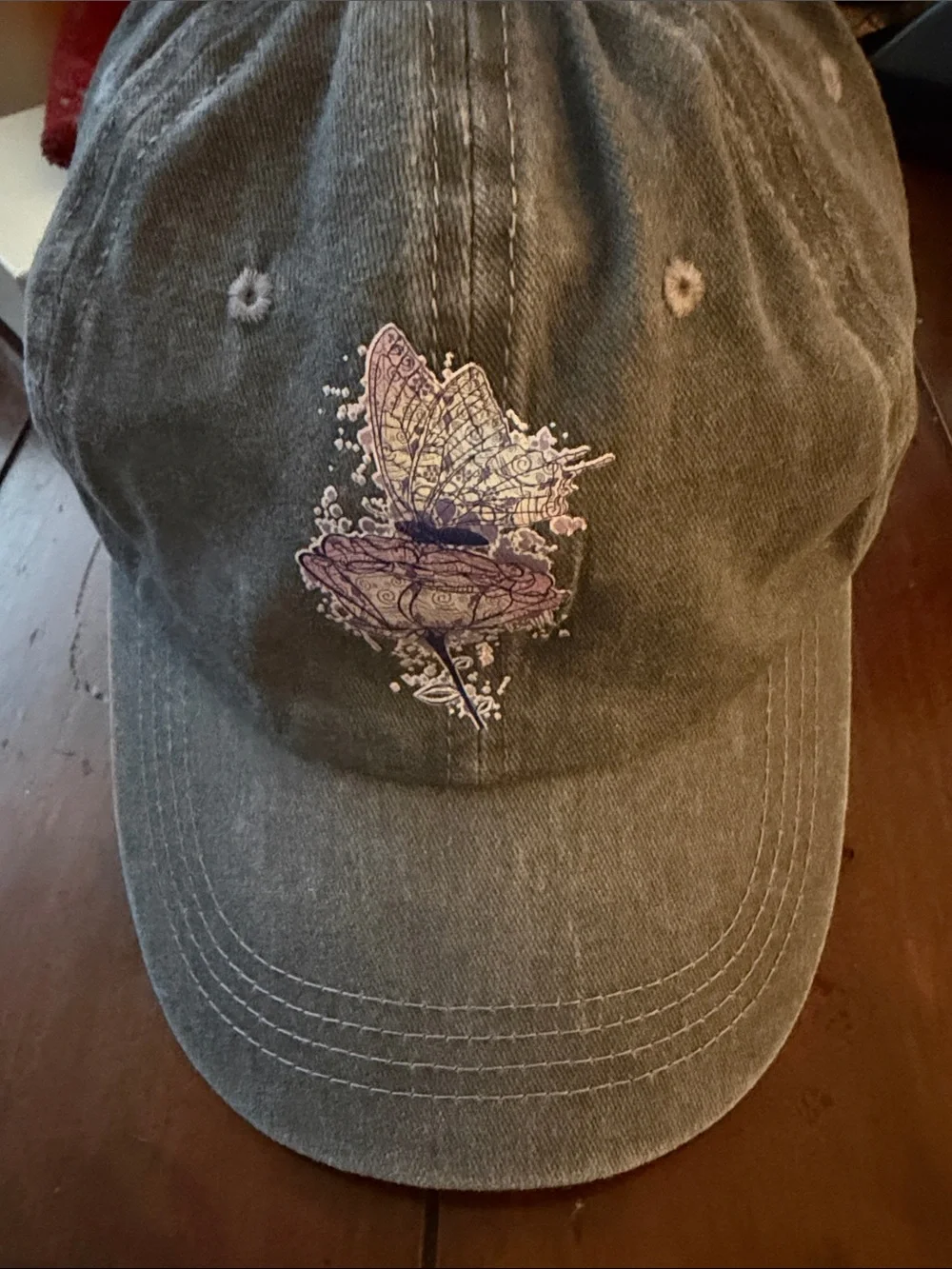 Embroidered Butterfly & Flower Baseball Cap - Dusty Blue